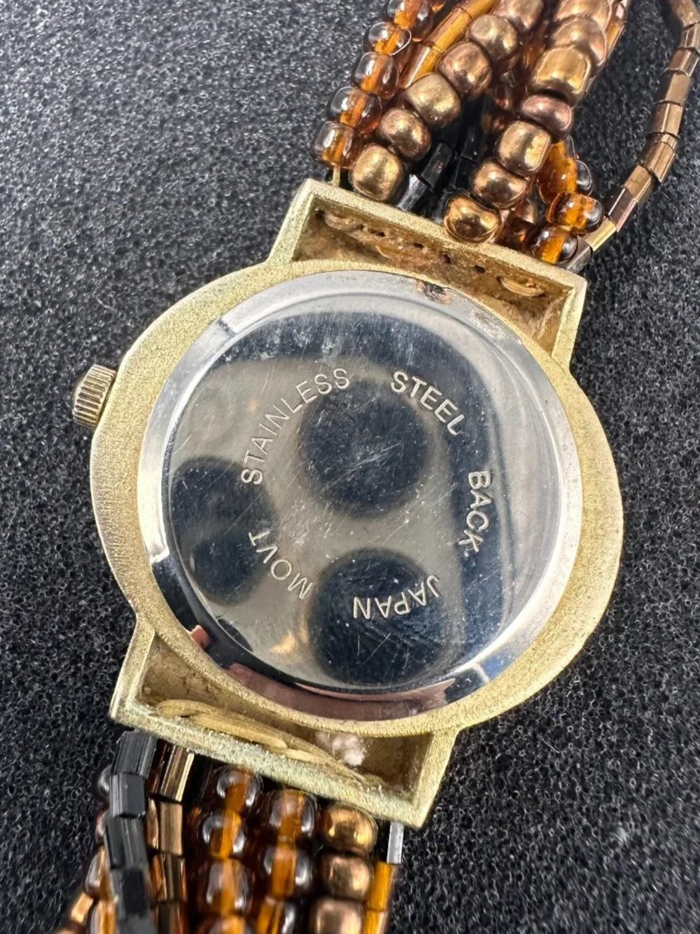 Womens Watch Gold Tone Brown Beaded Multi Chain Toggle Clasp New Battery